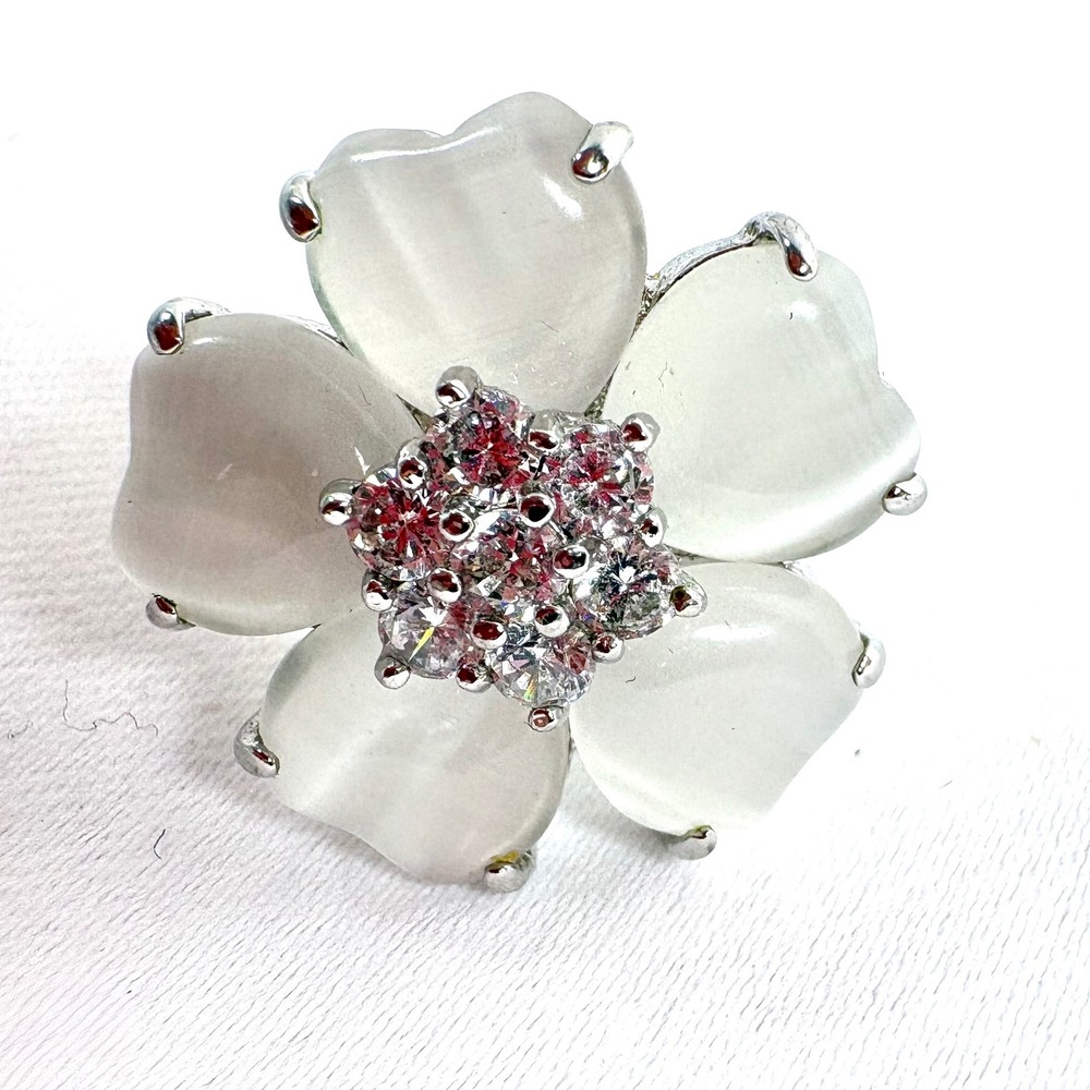 J Goodin Floral Nouveau Ring White Cats Eye Cubic Zirconia Silver Tone Size 6.75
